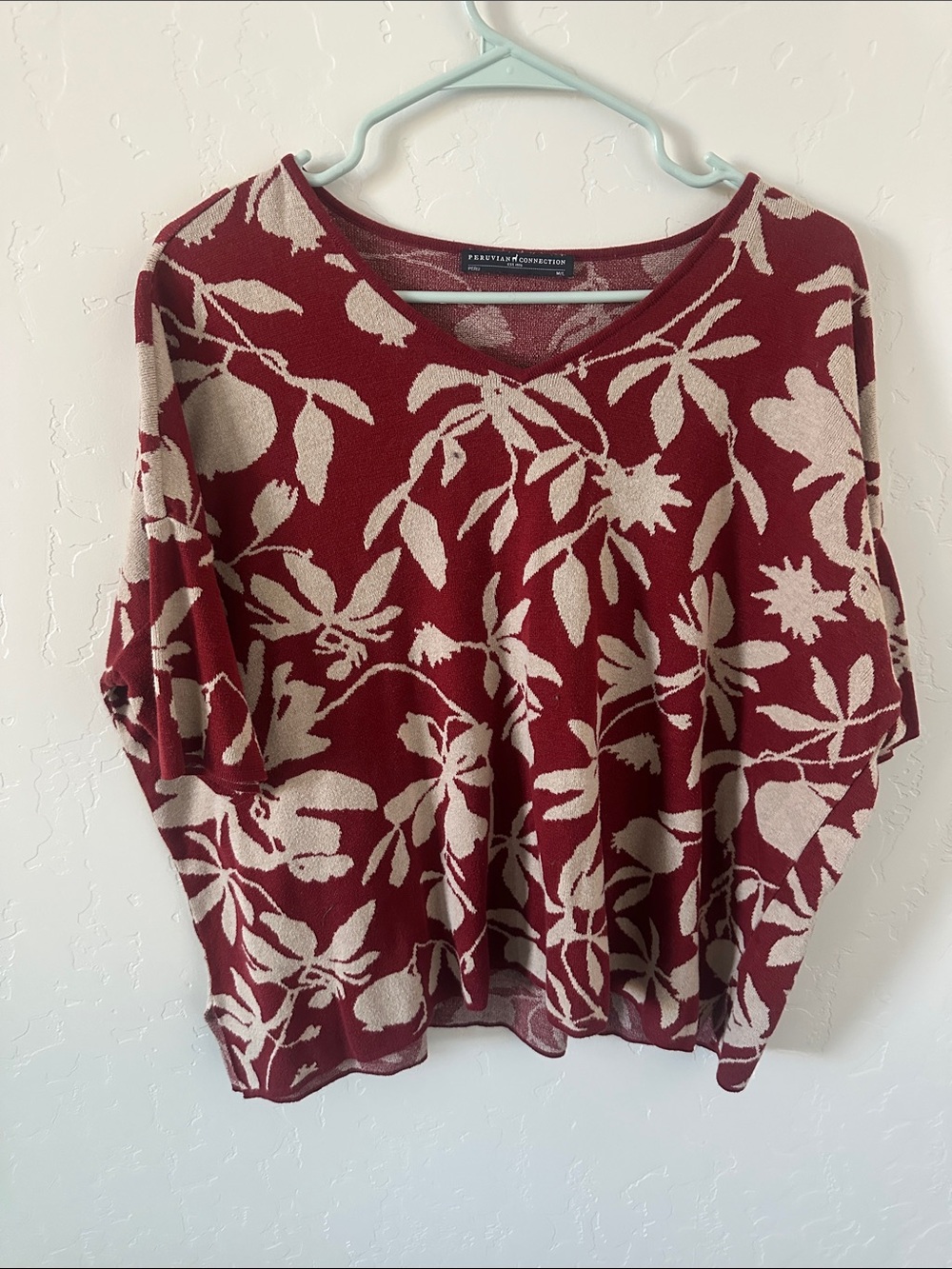 Peruvian Connection Red and Cream Floral Knit Top